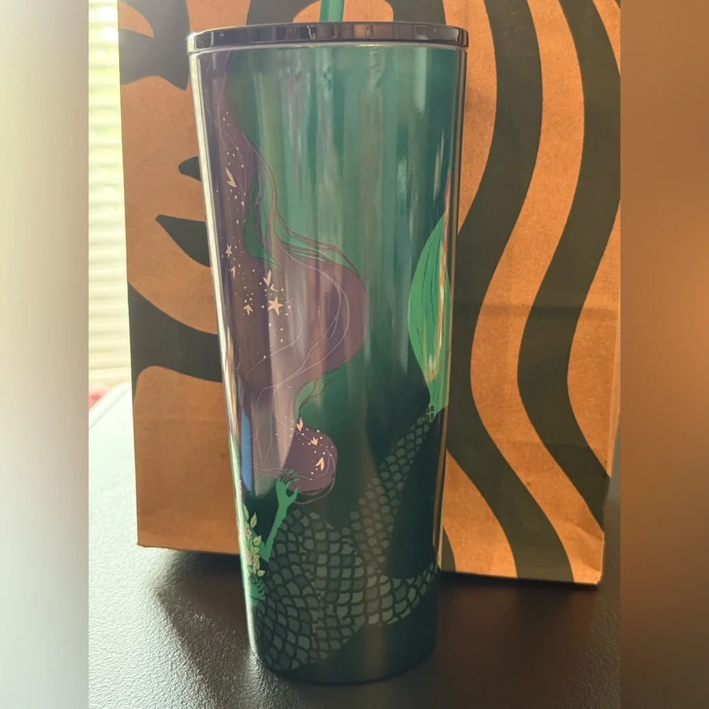 Starbucks Green and Purple Mermaid Tumbler with Straw NWT
